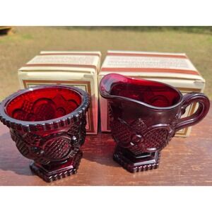 Avon 1876 Cape Cod Collection Ruby Red Glass Sugar Bowl and Creamer Set with Box
